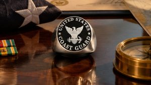 Custom United States Coast Guard signet ring handcrafted in America featuring detailed Coast Guard emblem and personalized military design.